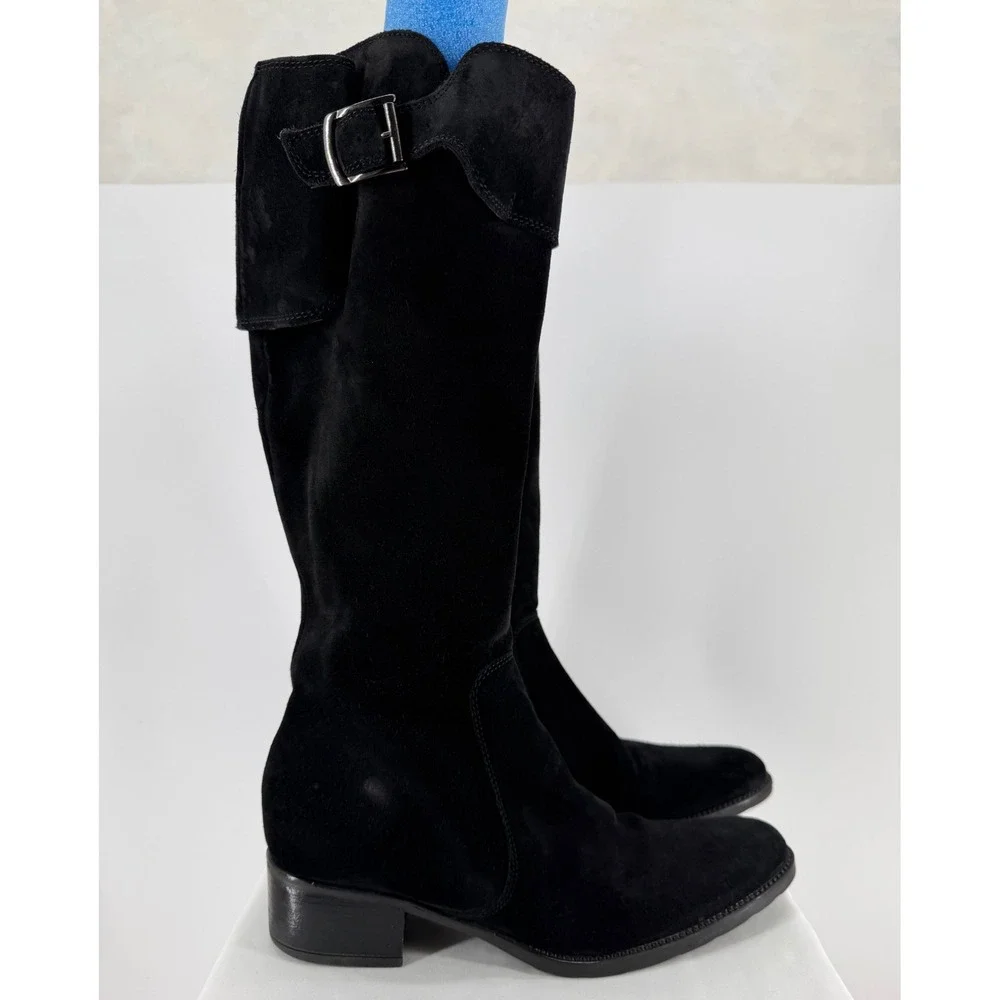 Barneys New York Black Suede Knee High Riding Boots Buckle Cuff EU 40 US 9.5 10